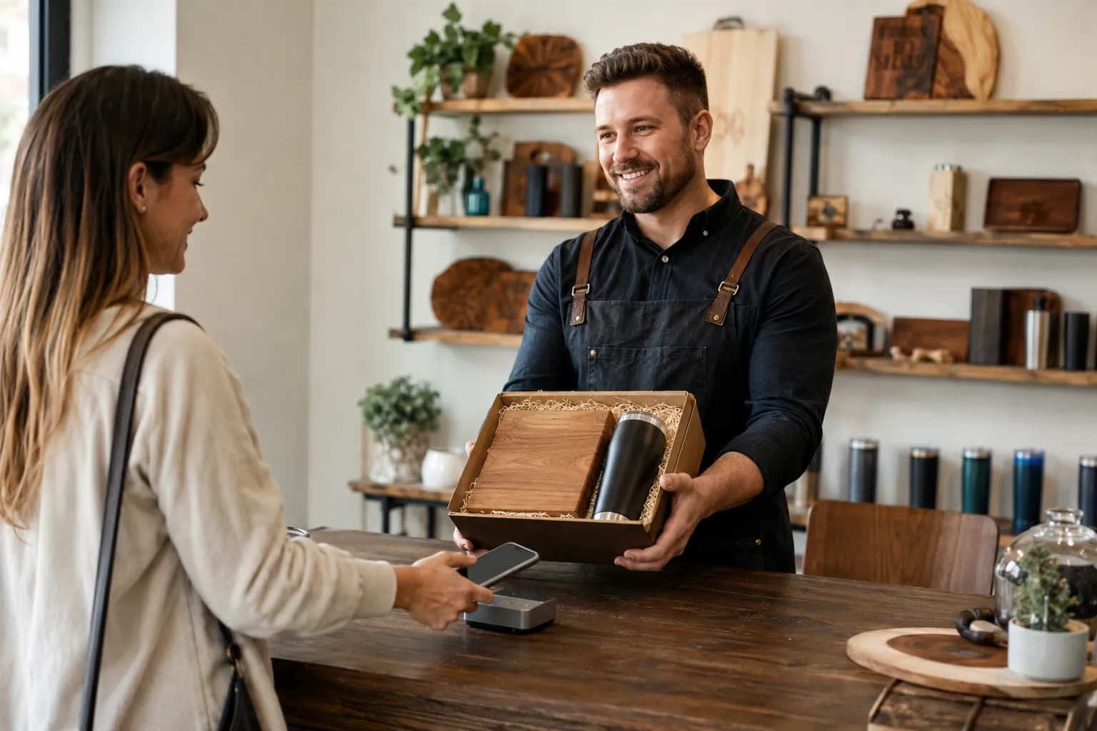 A maker hands over a boxed order across the counter while the customer taps a phone to pay